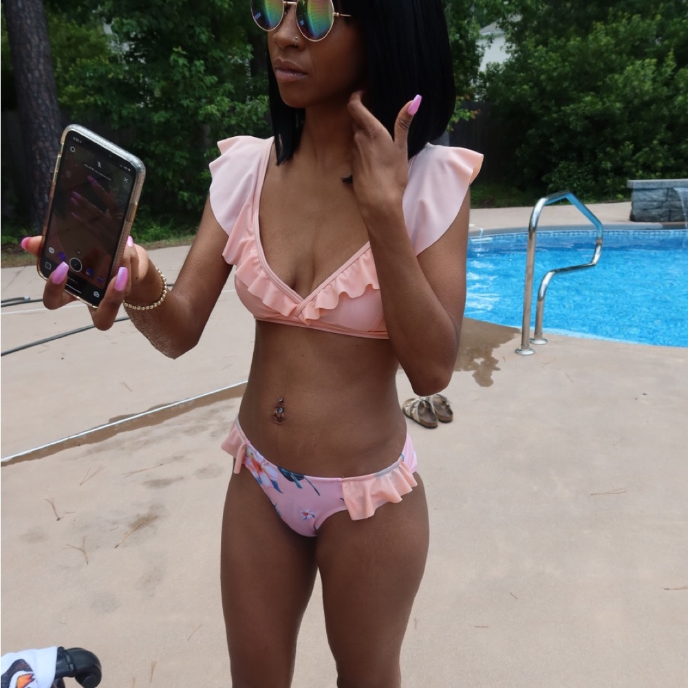 Peach Ruffle Tie-Back Two-Piece Bikini with Floral Print